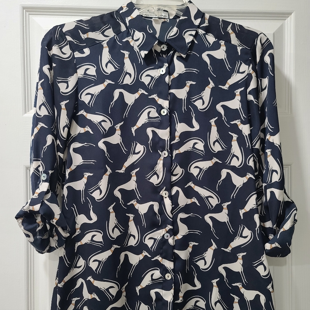 MAUS & HOFFMAN Greyhound Dog Print Navy and White Blouse Small